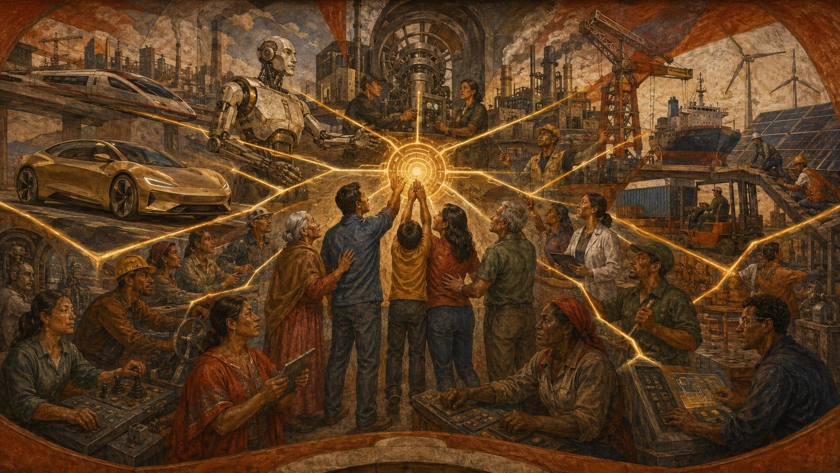 Mural study: people raising a shared point of light at the center of a crowd of workers, a gold car and a humanoid robot in the background