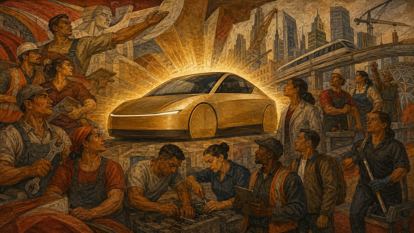Mural study: working people in overalls and safety vests gathered around a gold Cybercab, a city skyline behind them